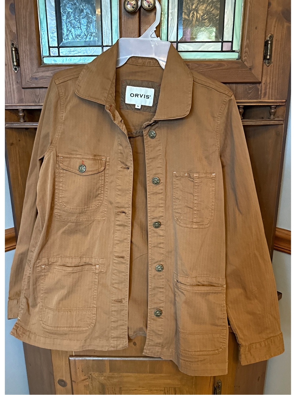 Orvis organic cotton blend utility chore jacket in a tan shade, M 2021 edition